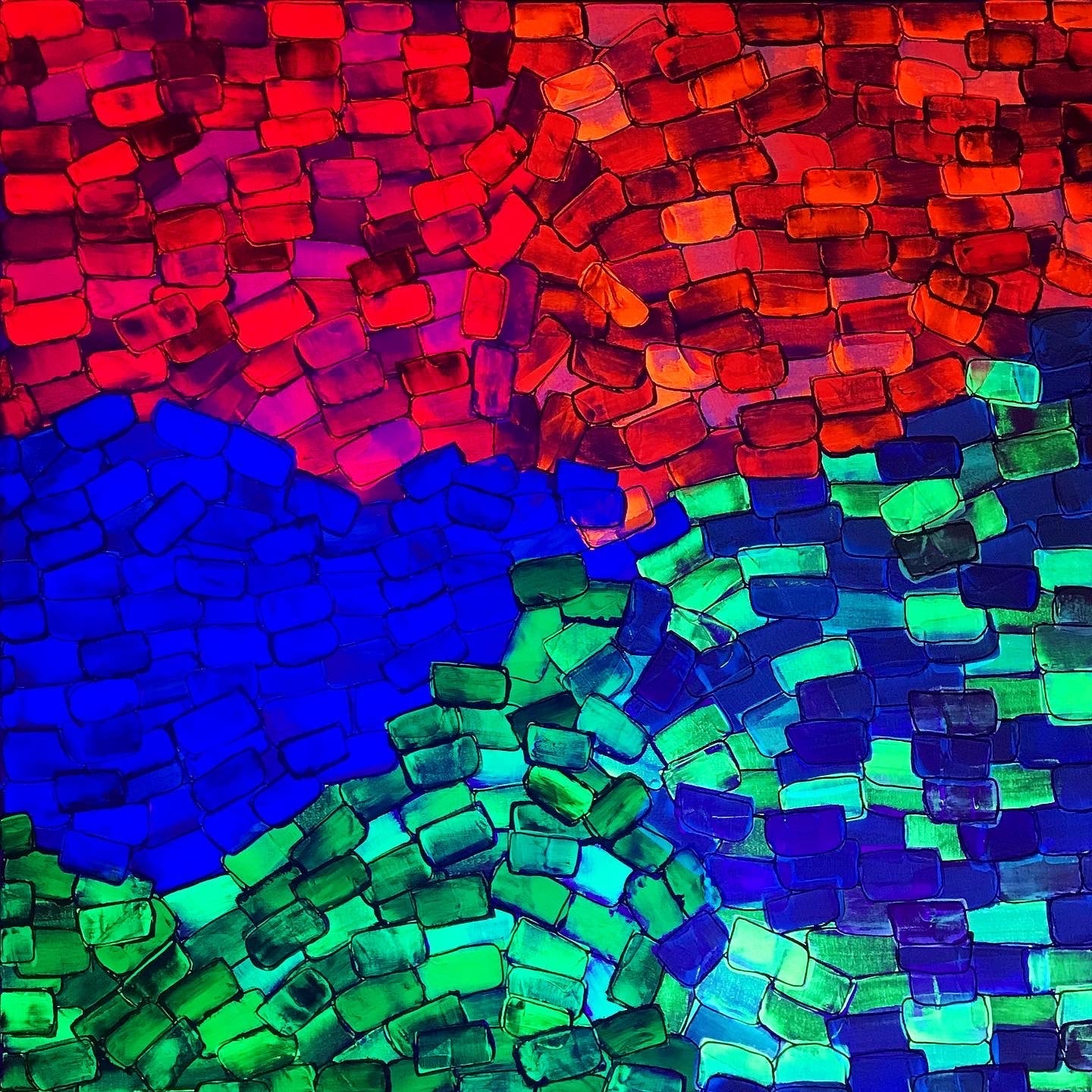 Metallic and fluorescent acrylics painting with pebbles of five different colors, under UV light